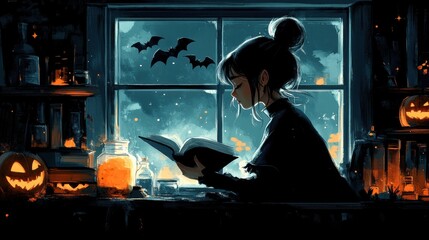 Young asian woman reading book by window, surrounded by halloween pumpkins at night