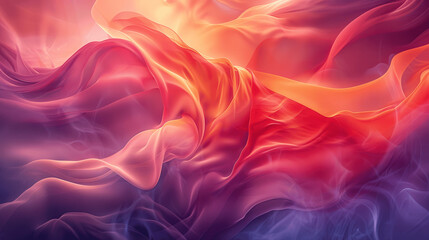 Obraz premium Vibrant abstract fabric waves flowing gracefully in shades of purple, red, and orange, creating a warm and dynamic atmosphere
