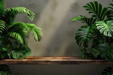 A wooden shelf filled with many green plants, perfect for decorating an office or home