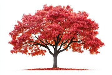 Detailed maple tree with vibrant red leaves, isolated on white, autumn theme