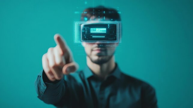 Digital brand ambassador, 3D hologram projection, innovative tech backdrop