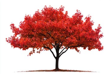 Detailed maple tree with vibrant red leaves, isolated on white, autumn theme