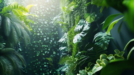 Fototapeta premium Blue biophilic design with living walls, lush greenery,