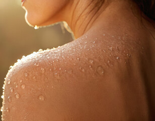 Close-up of a woman’s shoulder with water droplets, showcasing smooth and hydrated skin.