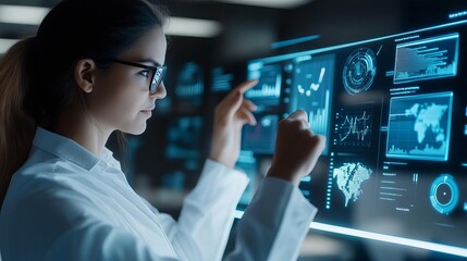 Digital marketer, holographic dashboard, futuristic office, data analytics visualization