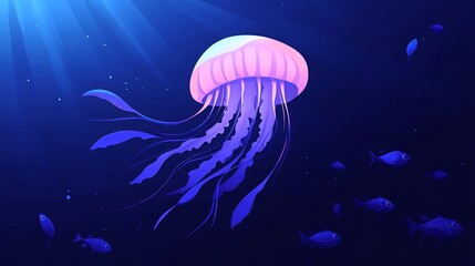 A pink jellyfish with long blue tentacles floats in a dark blue ocean with smaller blue fish surrounding it.