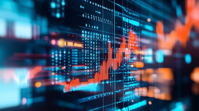 Digital market analysis, holographic insights, advanced AI algorithms