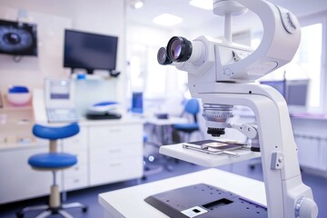 A microscope sits on a table in a room, ideal for laboratory or office settings