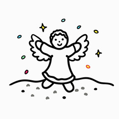 Fototapeta premium Playful child making a snow angel illustration, whimsical design, winter theme, festive concept, copy space