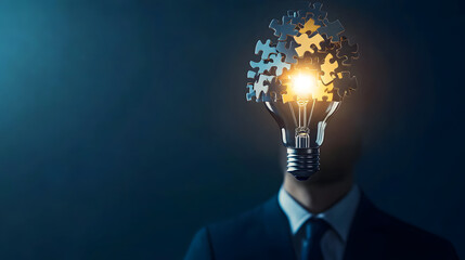 A lightbulb made of puzzle pieces symbolizes creativity and innovation, floating above figure in suit, representing fusion of ideas and intellect