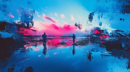 Fototapeta premium Blue color in digital glitch art, vibrant and dynamic,