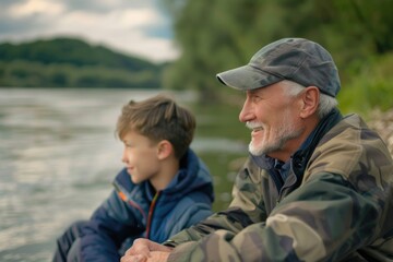 Fototapeta premium A man sits next to a young boy on a boat, enjoying the calm waters