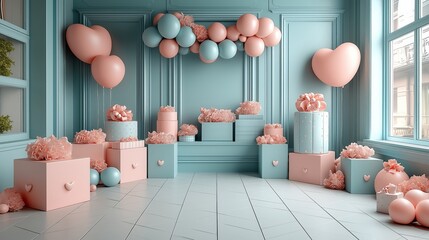 Charming pastel-themed party decor with heart-shaped balloons and gifts.