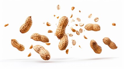 A close-up shot of peanuts falling onto a white surface