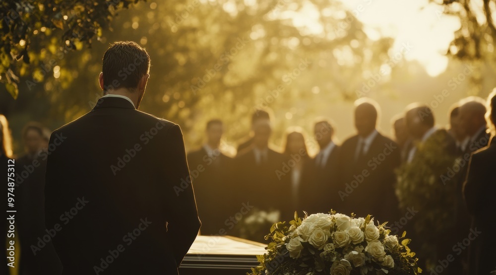 Wall mural a solemn funeral gathering under warm sunlight in a tranquil cemetery