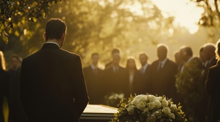 A solemn funeral gathering under warm sunlight in a tranquil cemetery