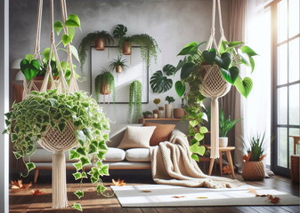 Fototapeta premium A cozy, plant-filled room with a swing chair and a comfortable sofa bathed in natural light.