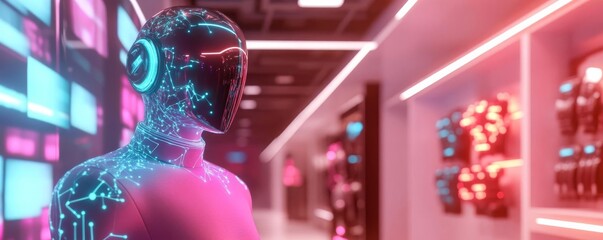 Holographic product launch, dynamic light effects, futuristic retail space