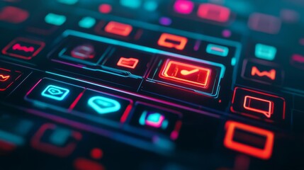 Holographic social media strategy, neon interface, futuristic tech hub