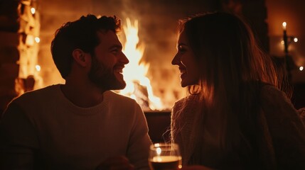 Cozy evening by the fireplace with friends in a warm cabin setting