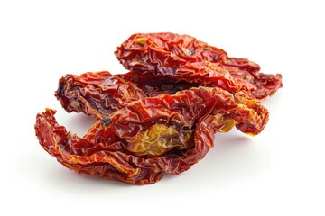 A pile of sun-dried tomatoes arranged neatly on a white background, ideal for food-related uses