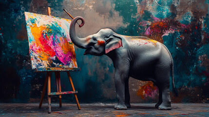 Obraz premium An elephant painting on an easel in a colorful art studio environment during daylight hours