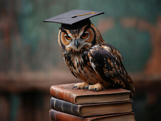 An owl wearing a graduation cap perched on a stack of books in a scholarly environment during daylight hours
