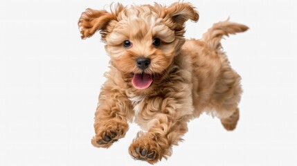 A small brown dog in mid-air, capturing its playful moment