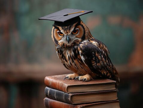 An owl wearing a graduation cap perched on a stack of books in a scholarly environment during daylight hours