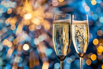copas de champagne con fuegos artificiales