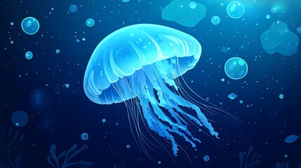 A luminous blue jellyfish with long tentacles floats through a dark blue ocean with bubbles, glowing seaweed and a scattering of bioluminescent particles.