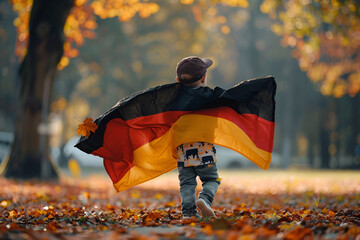 Child running with a German flag through an autumn park, embracing national pride