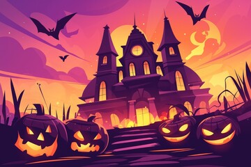 Haunted Mansion Surrounded by Carved Pumpkins at Twilight..