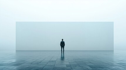 Obraz premium A solitary businessman stands before a vast blank wall in a minimalist, open space, symbolizing contemplation and potential.