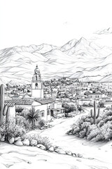 Tarija, Bolivia, black and white pen pencil hand-drawn effect portrait drawing illustration for travel poster, card, wallpaper, backdrop or banner. Modern, clear, artistic and simple