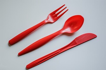Set of red plastic utensils including spoons, arranged neatly on a white background