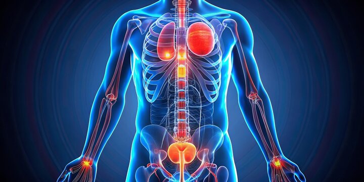 Illuminated 3D illustration of the human urinary system, featuring labeled kidneys, ureters, bladder, urethra, and