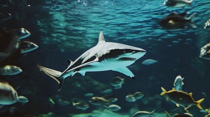 Obraz premium A lone shark swims through a school of fish in an aquarium.