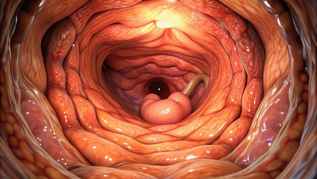 Illuminated endoscopic view of the antrum of stomach, showcasing the muscular walls and mucous-lined folds of the