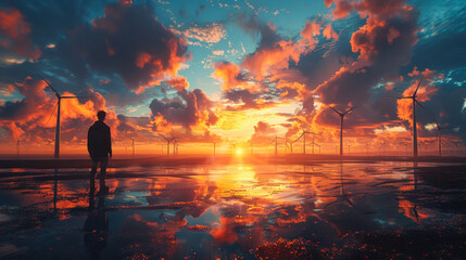 Fototapeta premium Man Standing by Wind Turbines at Sunset 