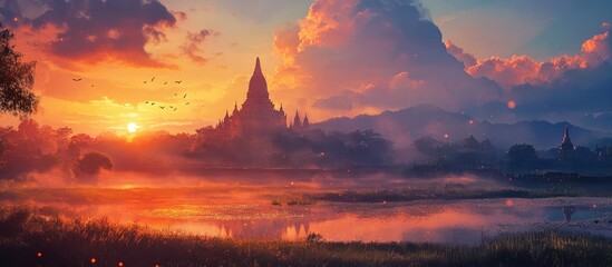 Fototapeta premium Painting of a sunrise illuminating a valley with a historic temple seen in the background