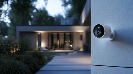 A sleek security camera fixed on wall of modern home, providing safety and surveillance in stylish manner. evening setting enhances contemporary design