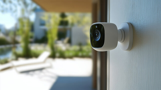 A sleek security camera fixed on wall of modern home, providing surveillance and peace of mind. Its design blends seamlessly with contemporary architecture, enhancing safety