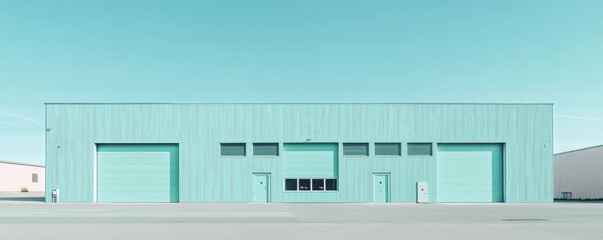 A minimalist exterior of pastel mint green warehouse showcases clean lines and serene atmosphere,...