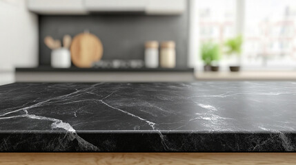 black marble countertop with modern blurred background, epitomizing luxury and sophistication. Ideal for high-end interior designs and contemporary spaces