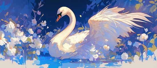 Artwork featuring an elegant white swan during its courtship display