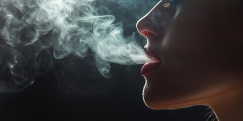 Obraz premium A close-up of a silhouette with smoke drifting from the lips, conveying a sense of mystery and allure in a dark environment.