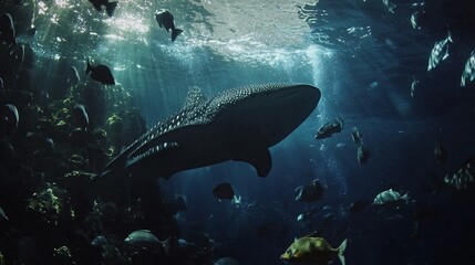 Fototapeta premium A large whale shark swims through a school of fish in the ocean, sunbeams shining through the water.