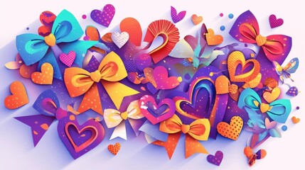 Illustration of vibrant paper hearts and bows against a backdrop of gradient dots embodying themes of love and celebration Vector art suitable for various design projects