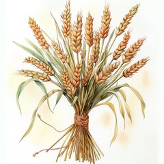 A bundle of golden wheat stalks stands tall, tied together with twine